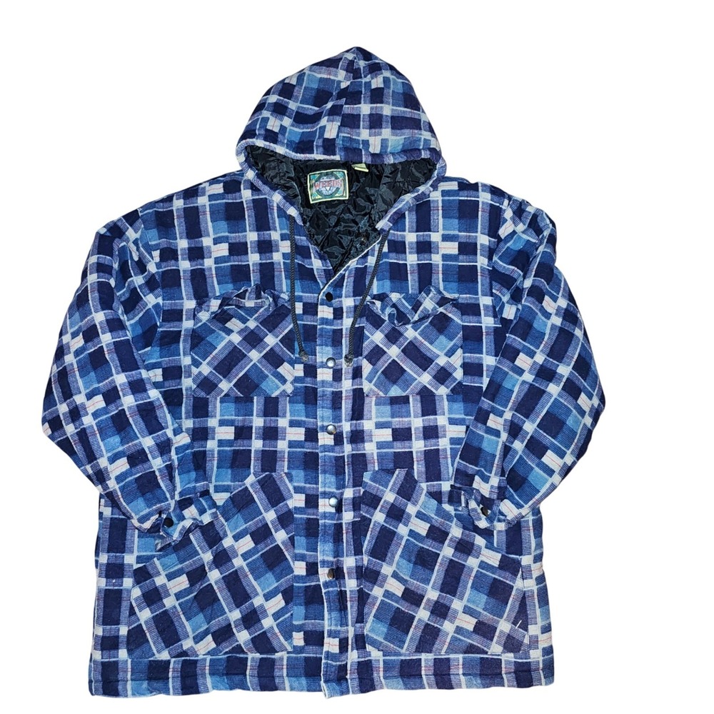 90s Vintage Weeds Flannel Hooded Quilted Snap Front Jacket Men Large Grunge Blu